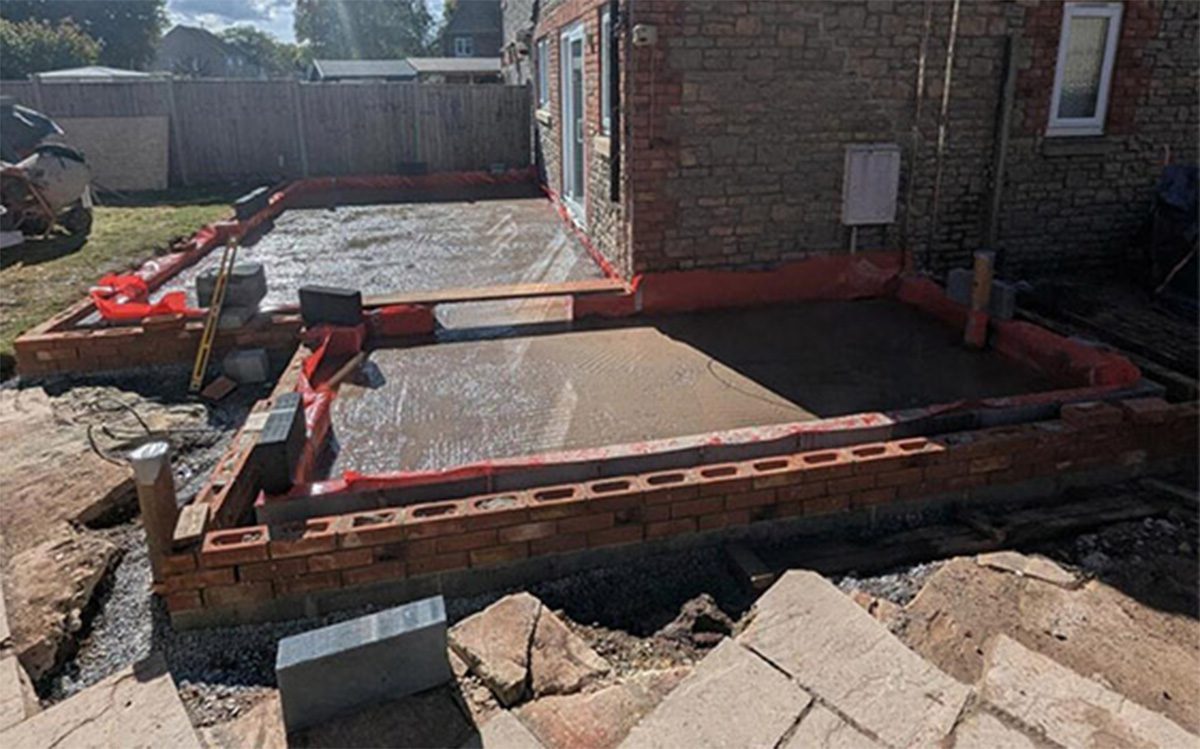 House extension foundations with concrete base and low brickwork in place